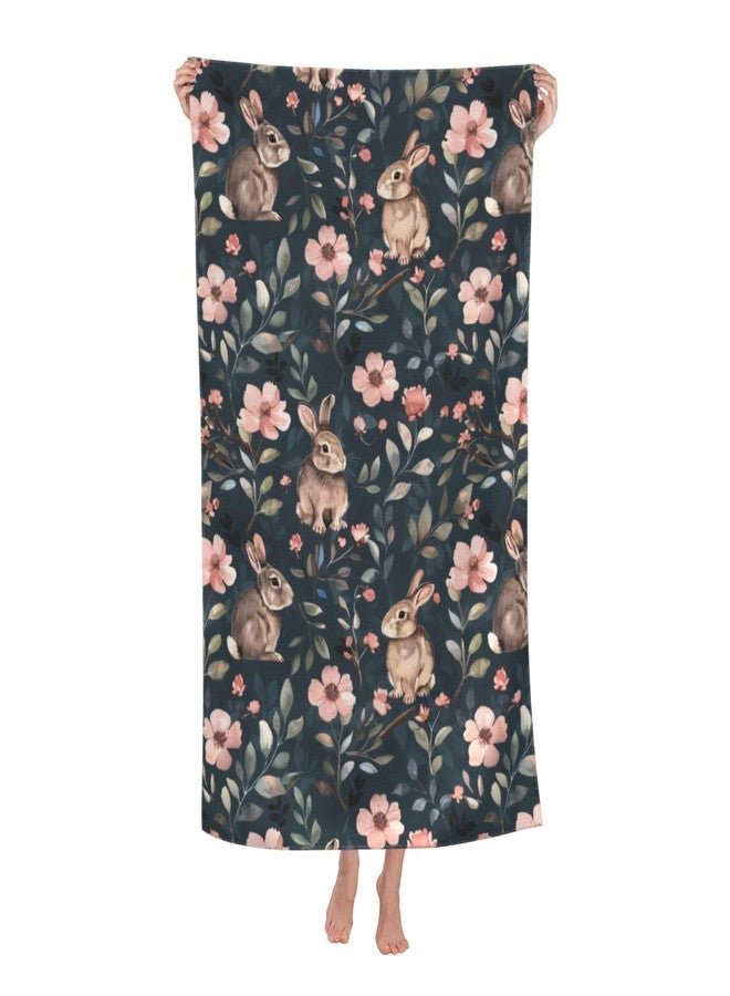 VODRM Bunny Retro Beach Towel,32x52in Microfiber Quick Dry Cute Rabbit Vintage Floral Flower Bath Towels,Soft Lightweight Oversized Sand Free,for Travel Pool Swimming Gym Decor,Gifts - Image 1
